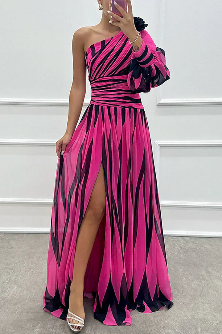 Aria™ | Elegant Striped Maxi Dress with One Shoulder