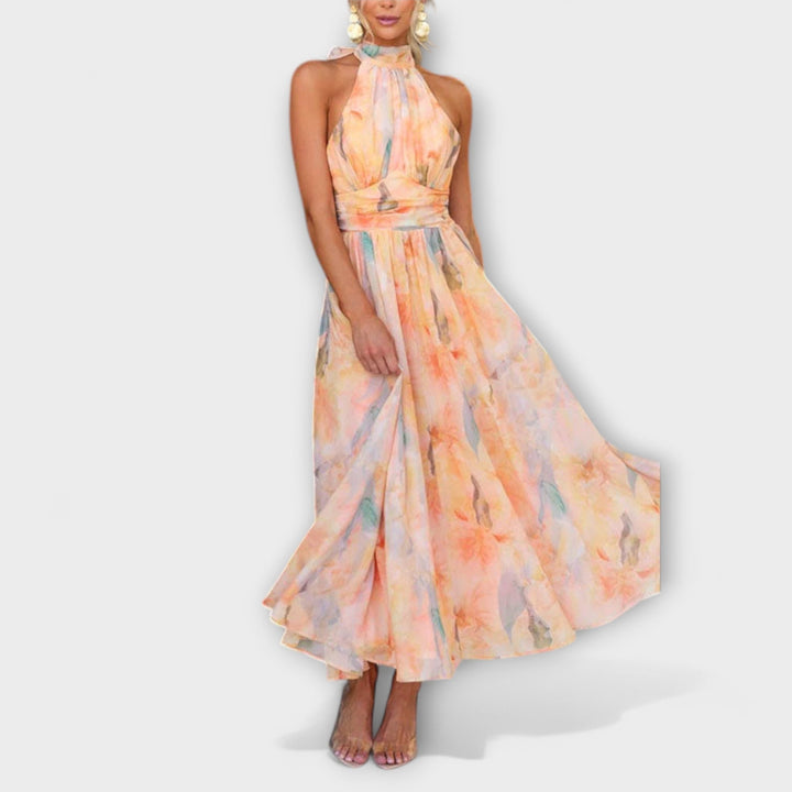 Cirilla | Halter-Neck Watercolor Print Maxi Dress