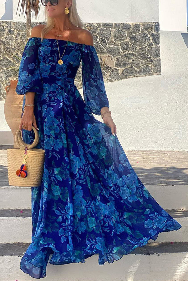 Charlotte™ | Long Floral Print Dress with Off-the-Shoulder Sleeves