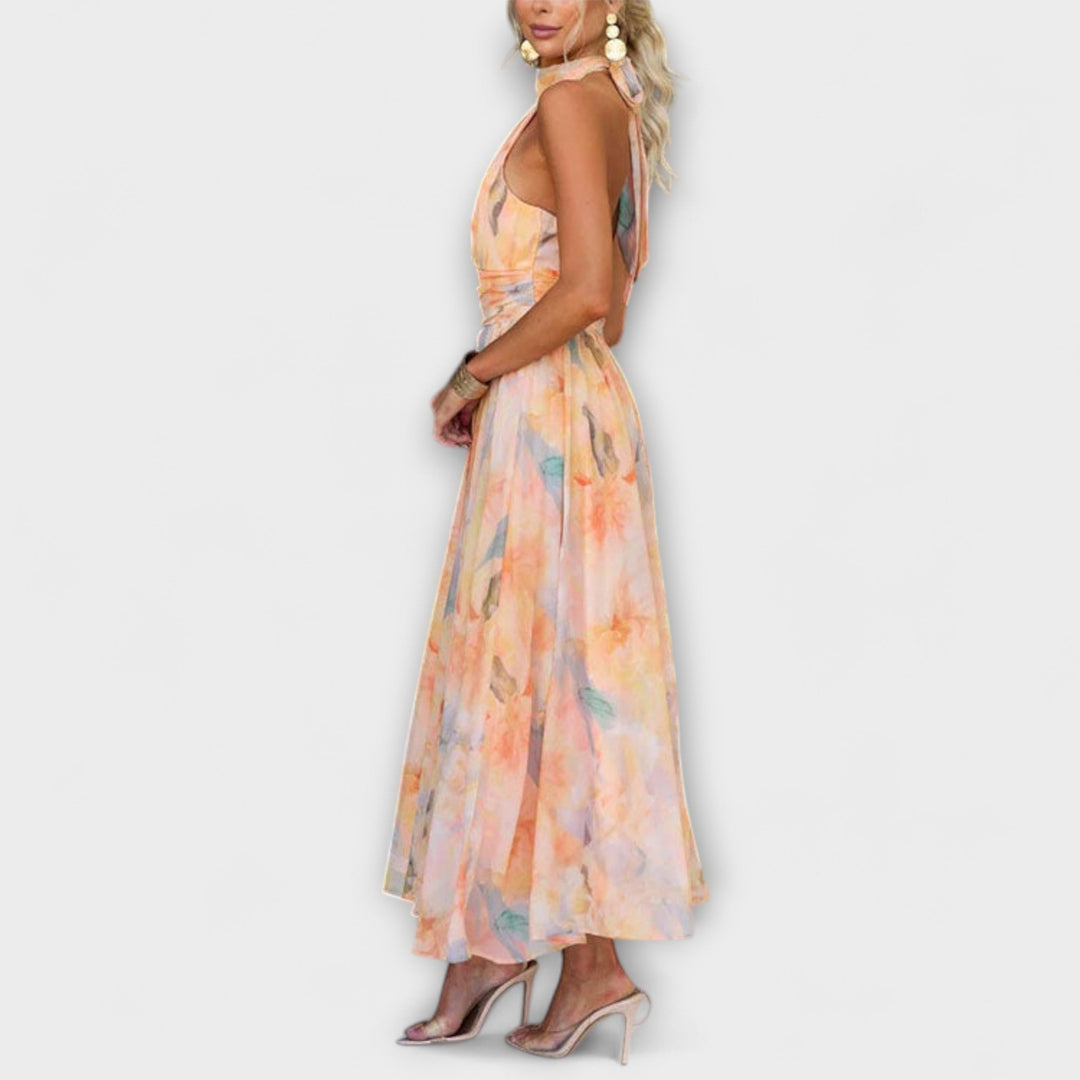 Cirilla | Halter-Neck Watercolor Print Maxi Dress