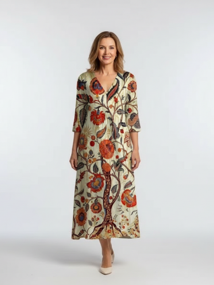 Xanthea | V Neck Long Sleeve Floral Midi Dress