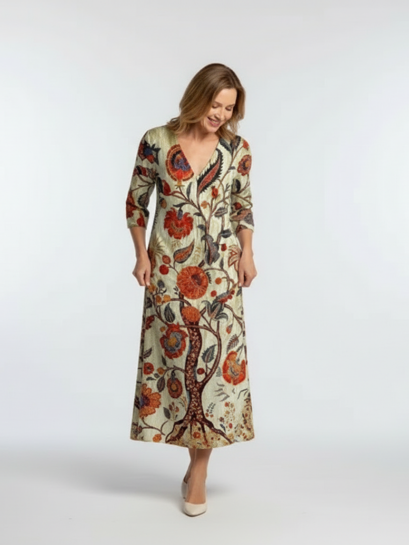 Xanthea | V Neck Long Sleeve Floral Midi Dress