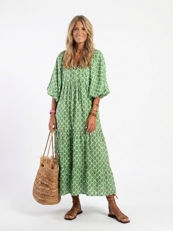 Eulalie | Three Quarter Sleeve V Neck Patterned Midi Dress