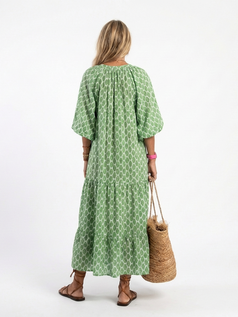 Eulalie | Three Quarter Sleeve V Neck Patterned Midi Dress
