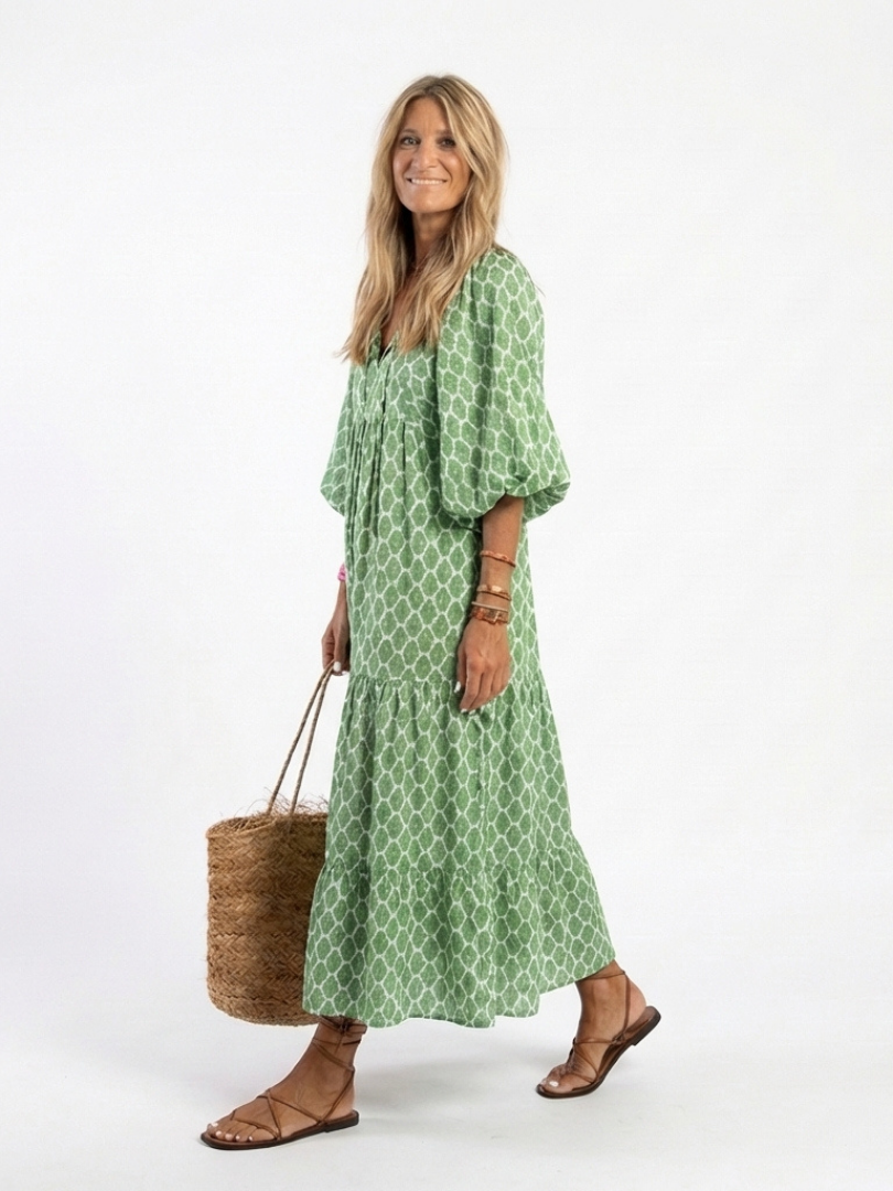 Eulalie | Three Quarter Sleeve V Neck Patterned Midi Dress