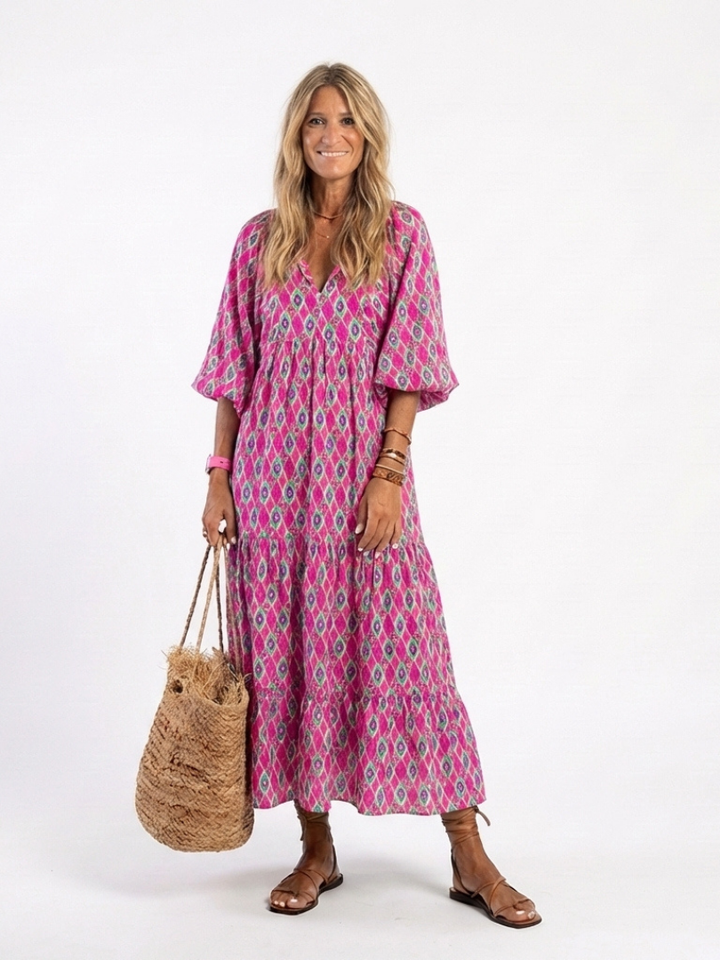 Eulalie | Three Quarter Sleeve V Neck Patterned Midi Dress