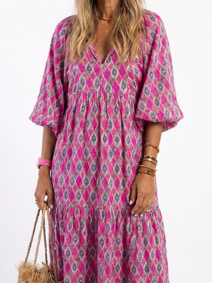 Eulalie | Three Quarter Sleeve V Neck Patterned Midi Dress