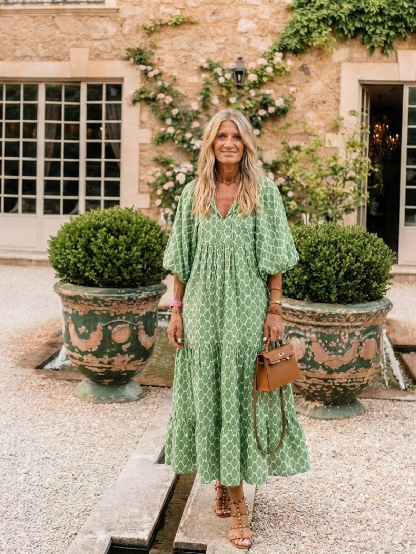 Eulalie | Three Quarter Sleeve V Neck Patterned Midi Dress