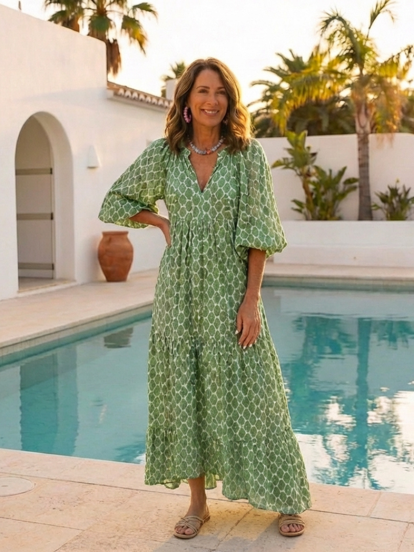 Eulalie | Three Quarter Sleeve V Neck Patterned Midi Dress