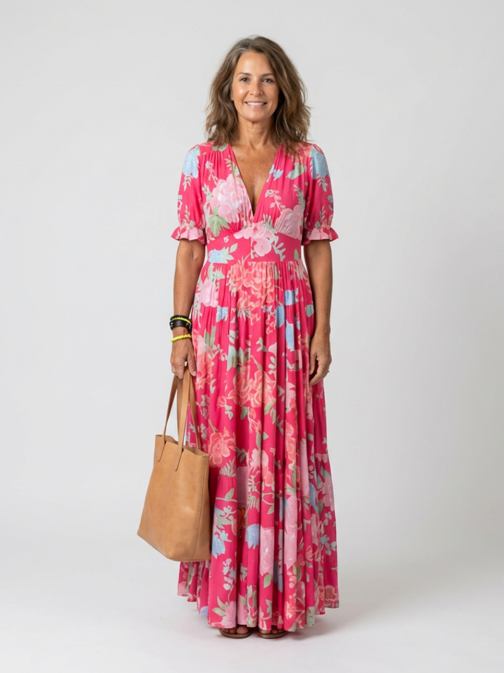 Zuleika | Short Sleeve V Neck Floral Midi Dress