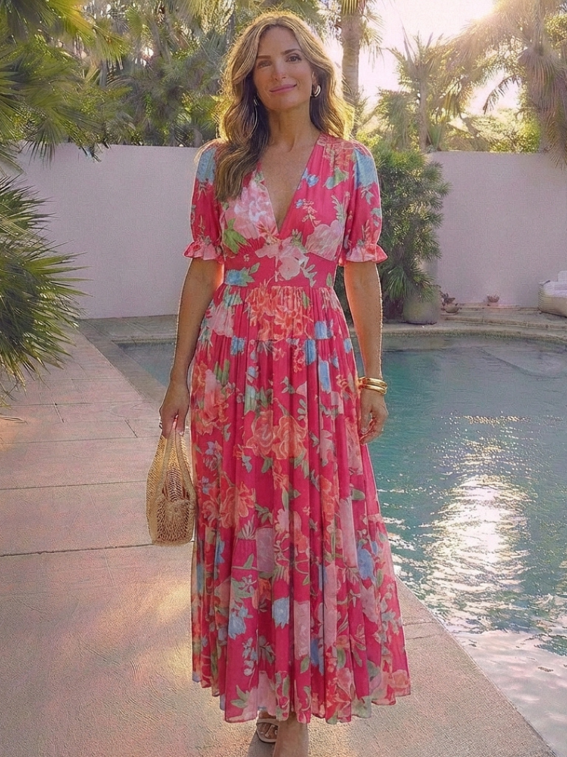 Zuleika | Short Sleeve V Neck Floral Midi Dress