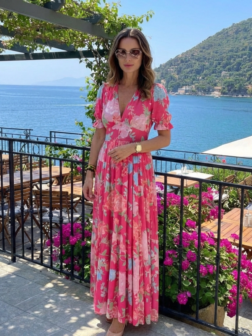 Zuleika | Short Sleeve V Neck Floral Midi Dress