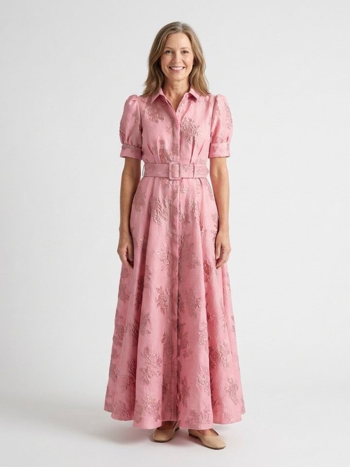 Ione | Short Sleeve Belted Floral Textured Maxi Shirt Dress