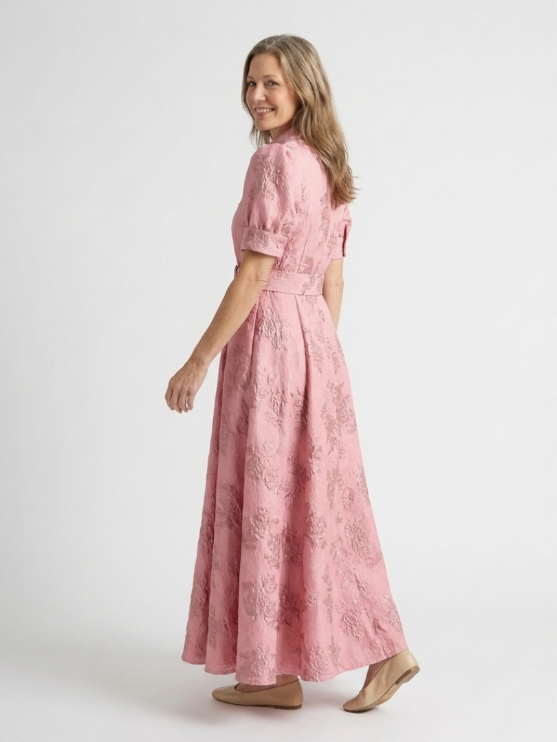 Ione | Short Sleeve Belted Floral Textured Maxi Shirt Dress