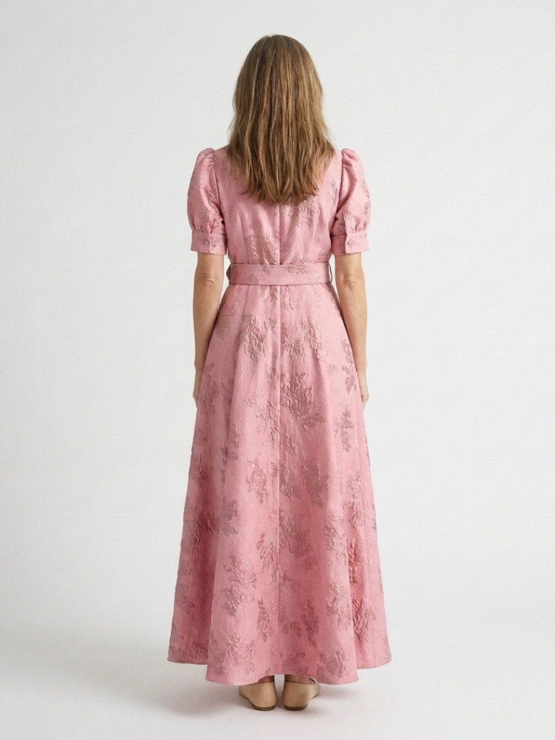 Ione | Short Sleeve Belted Floral Textured Maxi Shirt Dress