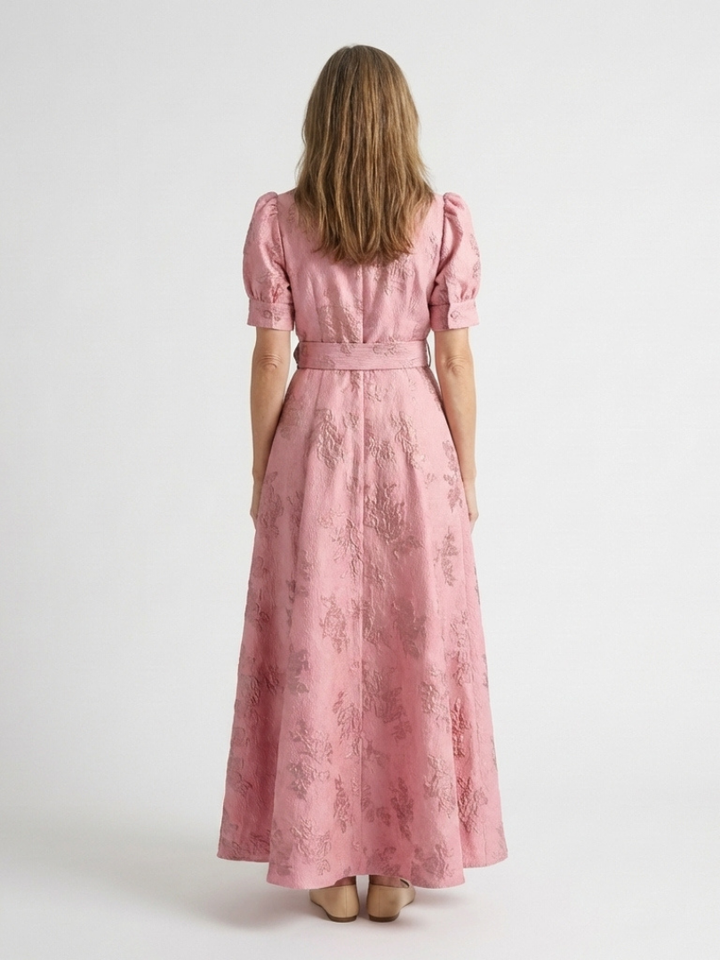 Ione | Short Sleeve Belted Floral Textured Maxi Shirt Dress