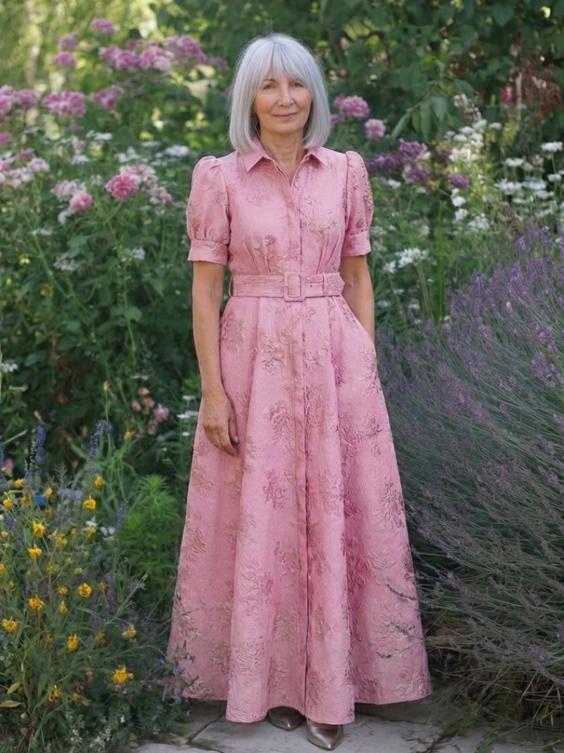 Ione | Short Sleeve Belted Floral Textured Maxi Shirt Dress