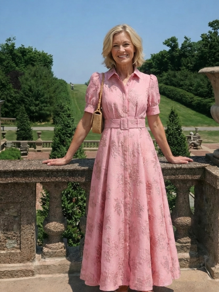 Ione | Short Sleeve Belted Floral Textured Maxi Shirt Dress