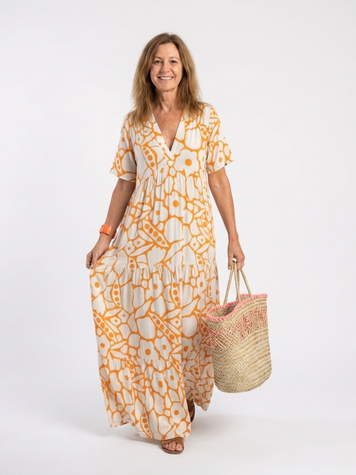 Maribel | Short Sleeve V Neck Floral Midi Dress