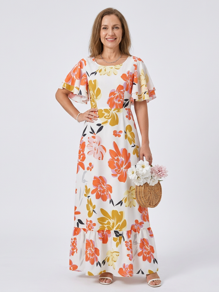 Marina | Round Neck Short Sleeve Tiered Maxi Dress