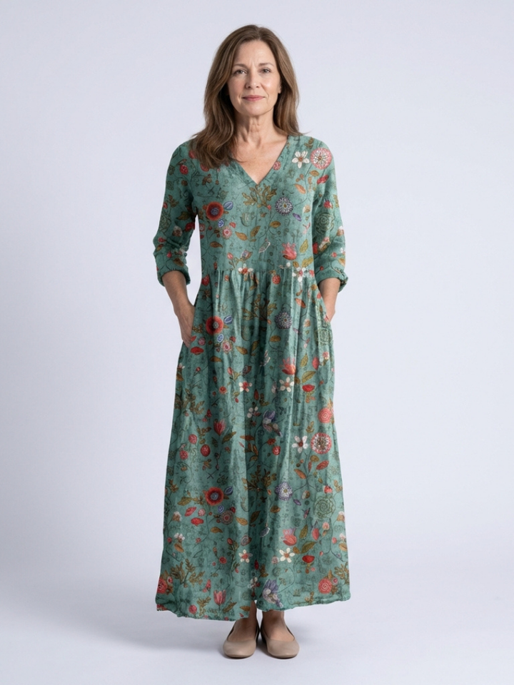 Apolline | Floral V Neck Three Quarter Sleeve Maxi Dress