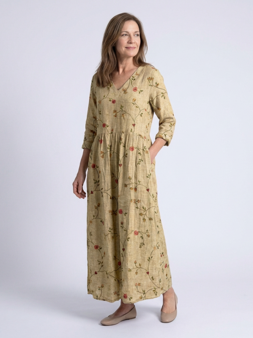 Apolline | Floral V Neck Three Quarter Sleeve Maxi Dress