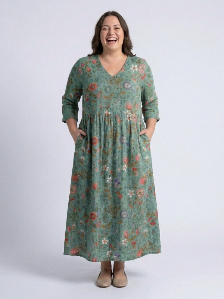Apolline | Floral V Neck Three Quarter Sleeve Maxi Dress