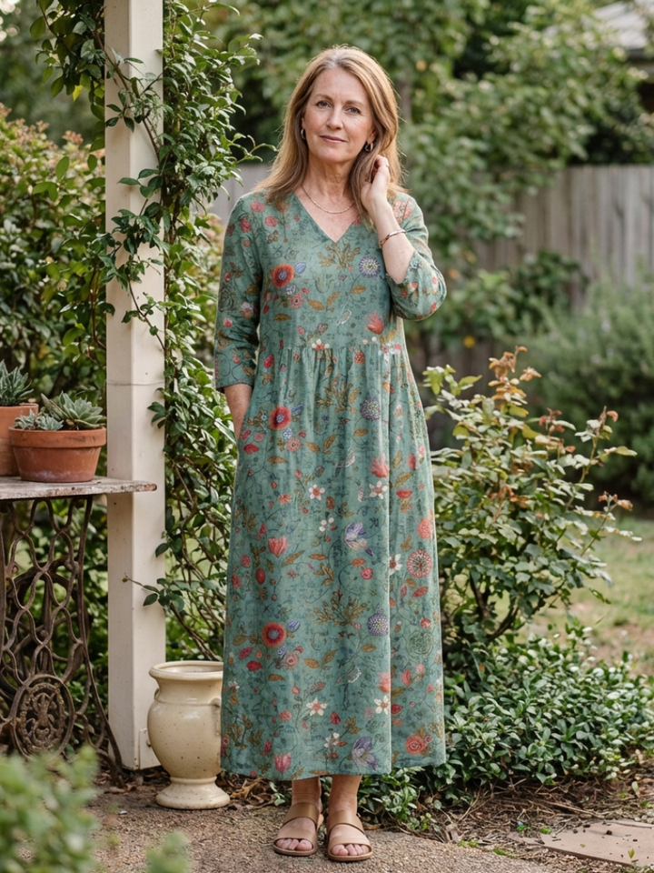 Apolline | Floral V Neck Three Quarter Sleeve Maxi Dress