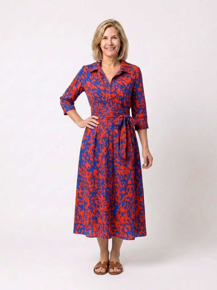 Sabine | Collared Long Sleeve Waist Tie Midi Dress