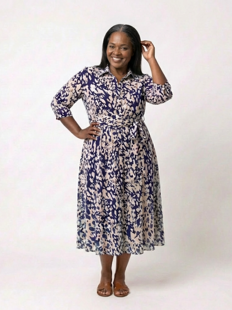 Sabine | Collared Long Sleeve Waist Tie Midi Dress