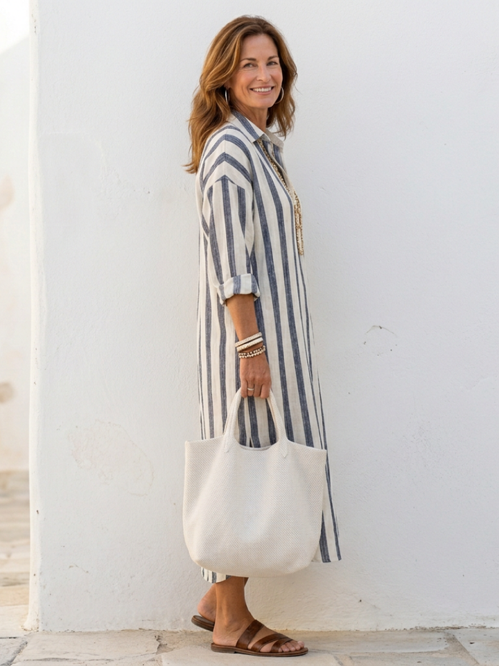 Elowyn | Long Sleeve Striped Midi Shirt Dress