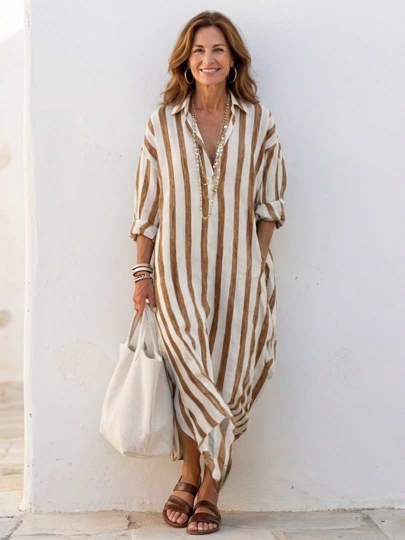 Elowyn | Long Sleeve Striped Midi Shirt Dress