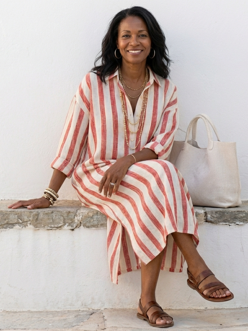 Elowyn | Long Sleeve Striped Midi Shirt Dress