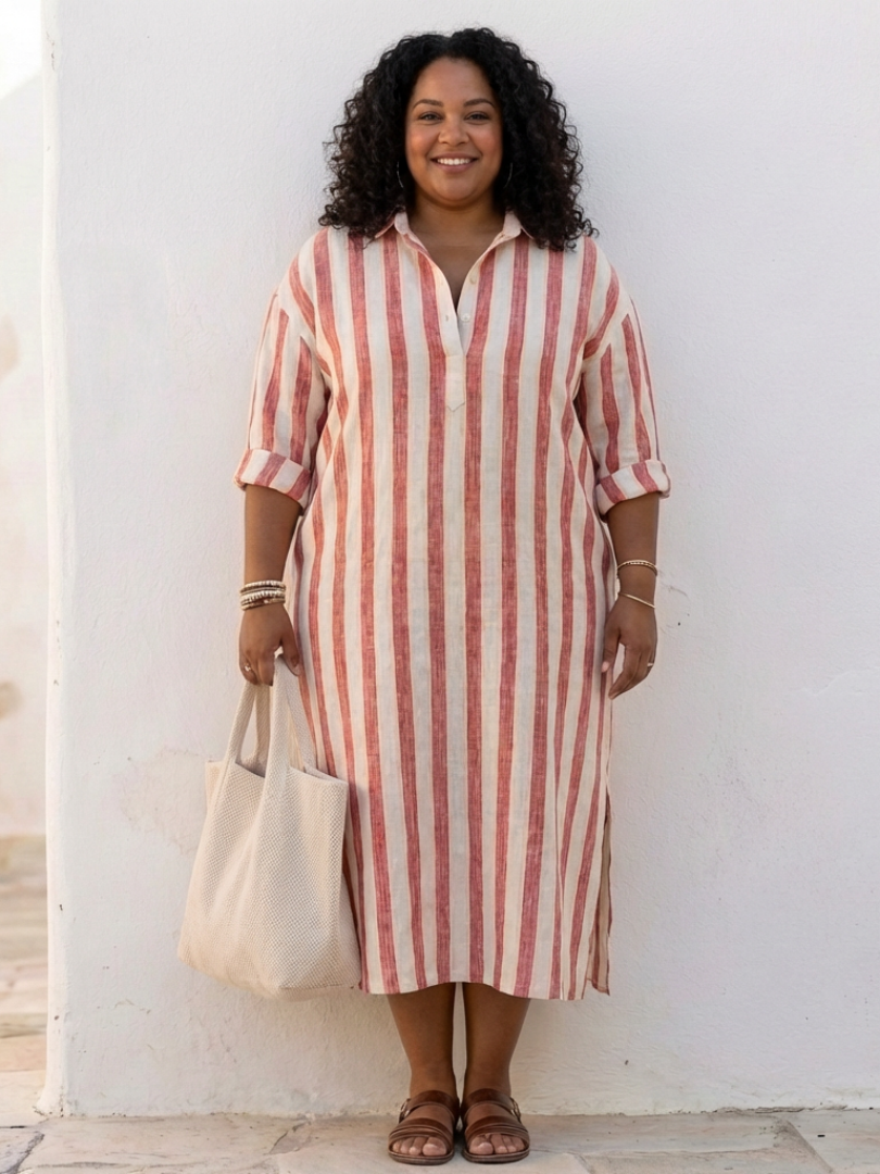 Elowyn | Long Sleeve Striped Midi Shirt Dress