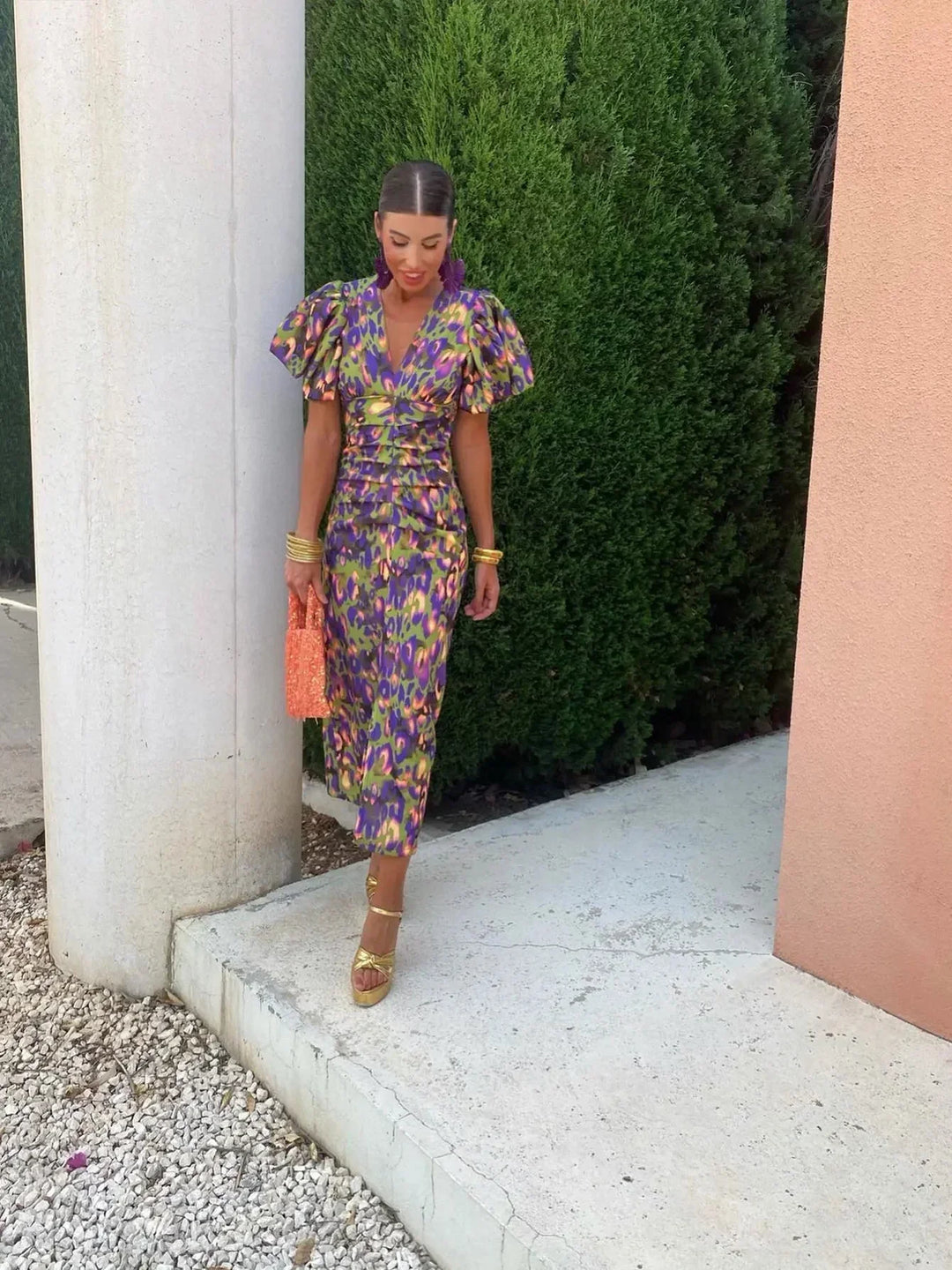 Serena™ | Vibrant Midi Dress with Puff Sleeves