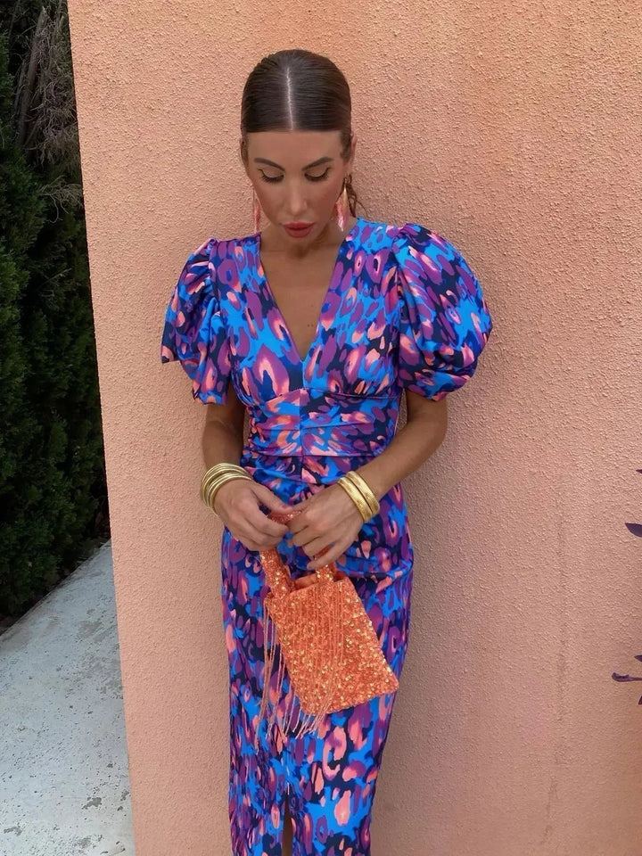 Serena™ | Vibrant Midi Dress with Puff Sleeves