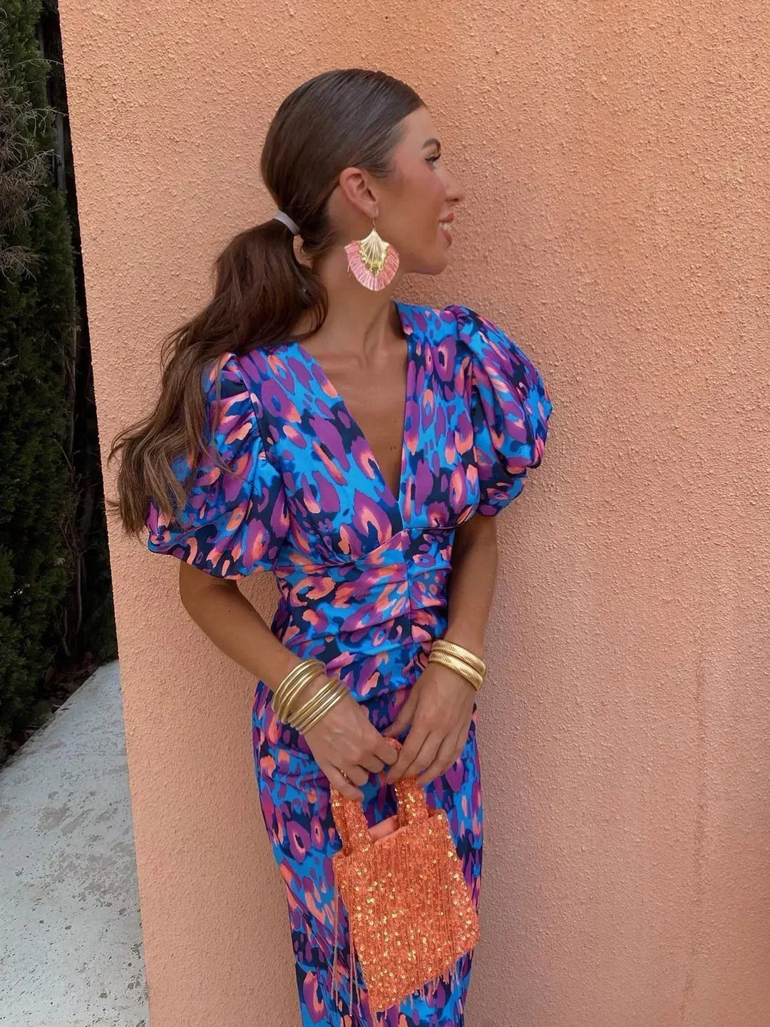 Serena™ | Vibrant Midi Dress with Puff Sleeves