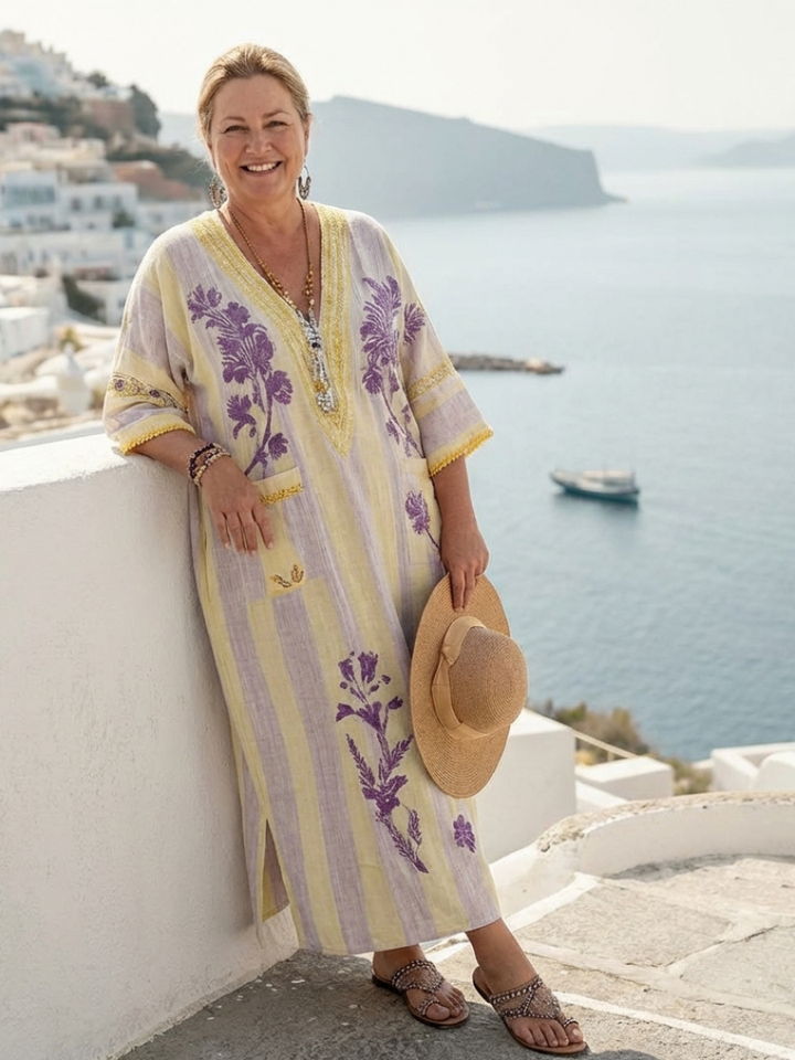 Elira | V Neck Half Sleeve Striped Floral Maxi Dress