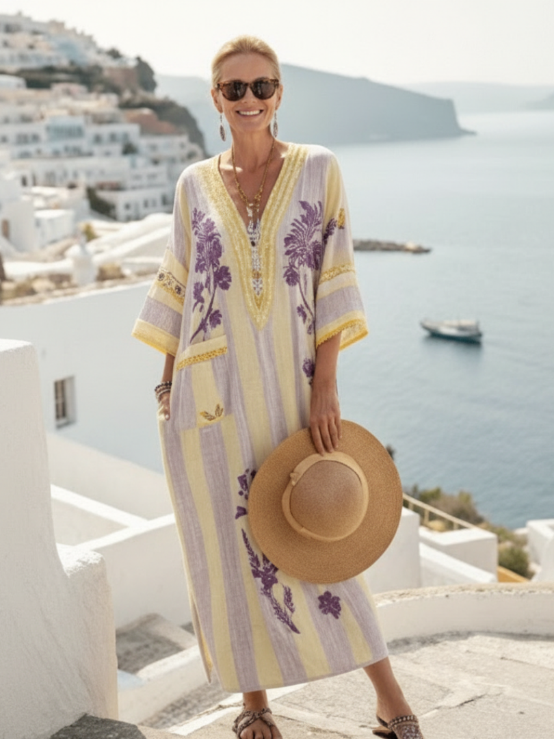 Elira | V Neck Half Sleeve Striped Floral Maxi Dress