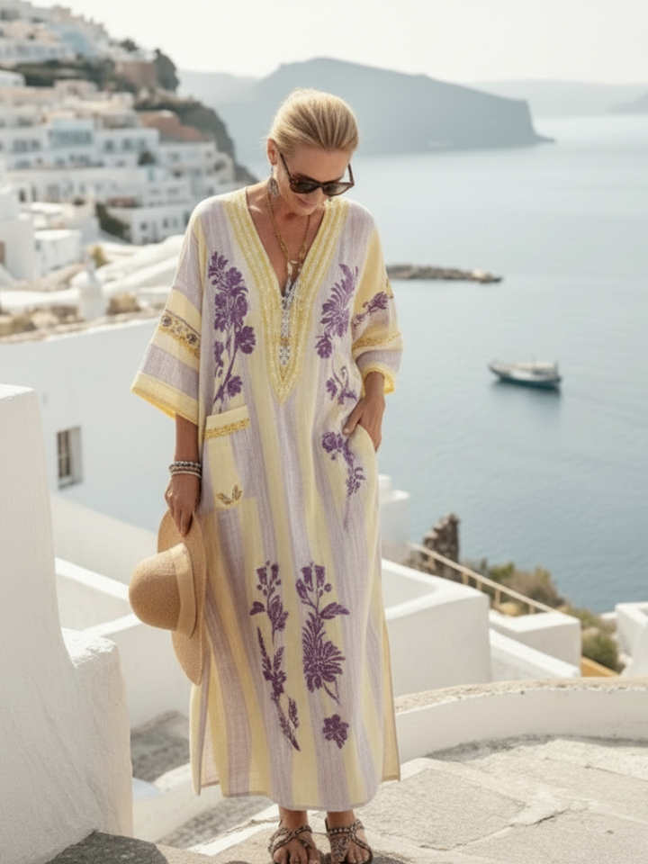 Elira | V Neck Half Sleeve Striped Floral Maxi Dress