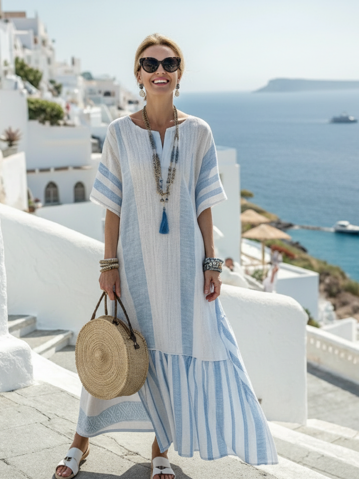 Linnea | Round Neck Short Sleeve Striped Maxi Dress