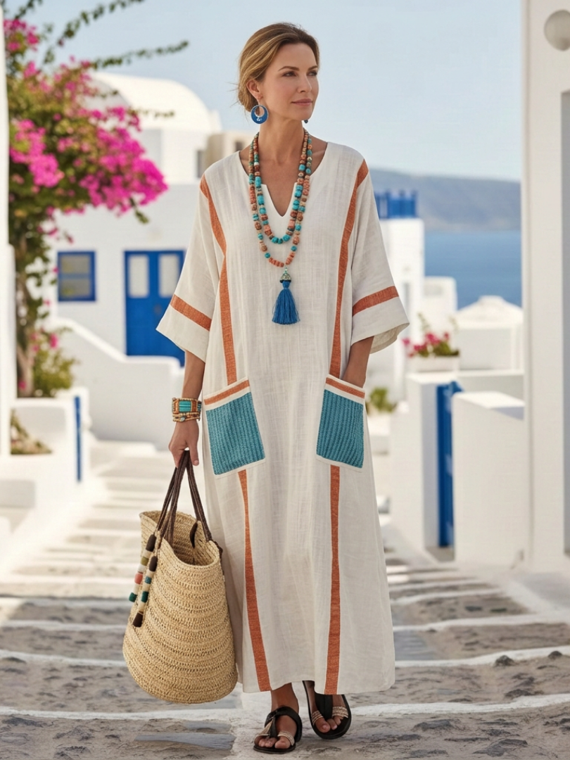 Odelina | V Neck Half Sleeve Pocket Maxi Dress