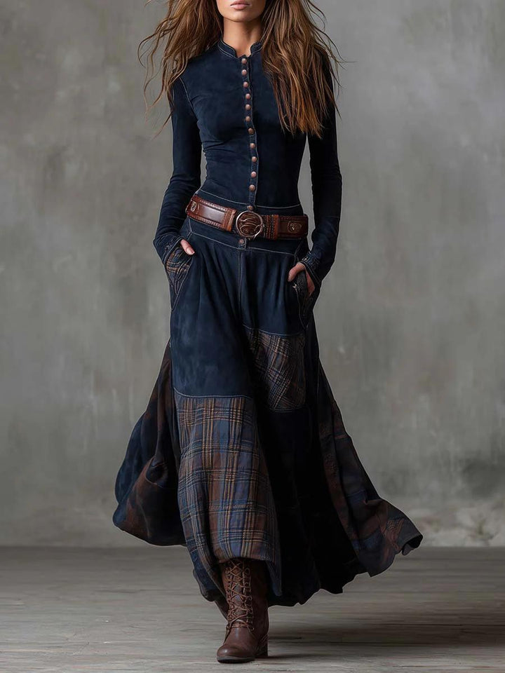 Scarlett | Vintage Long Dress in Navy Blue Suede Check (Includes Belt)