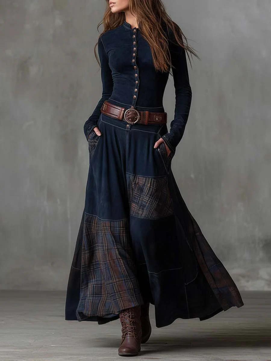 Scarlett | Vintage Long Dress in Navy Blue Suede Check (Includes Belt)