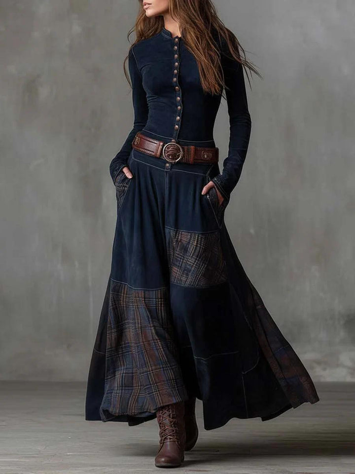 Scarlett | Vintage Long Dress in Navy Blue Suede Check (Includes Belt)