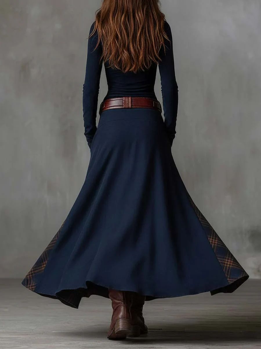 Scarlett | Vintage Long Dress in Navy Blue Suede Check (Includes Belt)