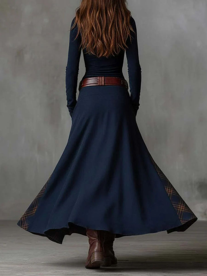 Scarlett | Vintage Long Dress in Navy Blue Suede Check (Includes Belt)