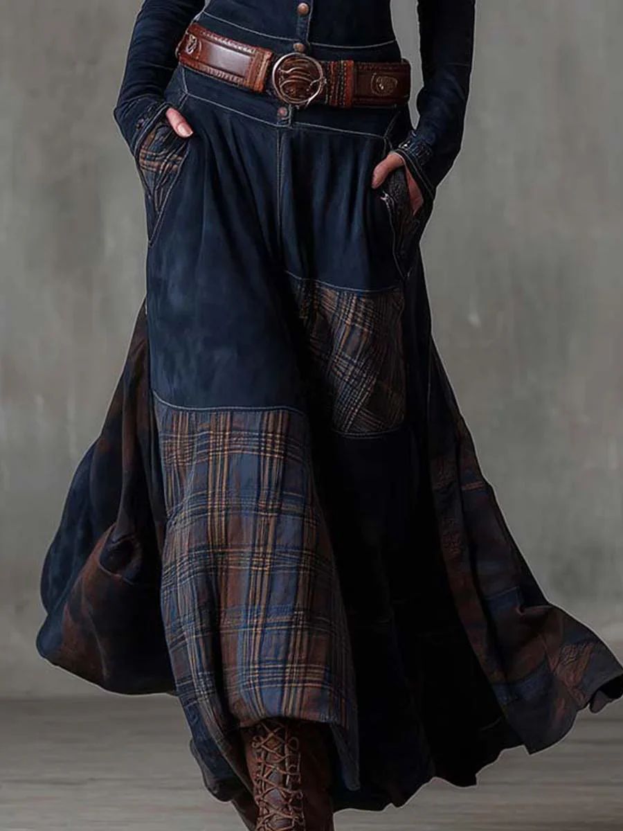 Scarlett | Vintage Long Dress in Navy Blue Suede Check (Includes Belt)