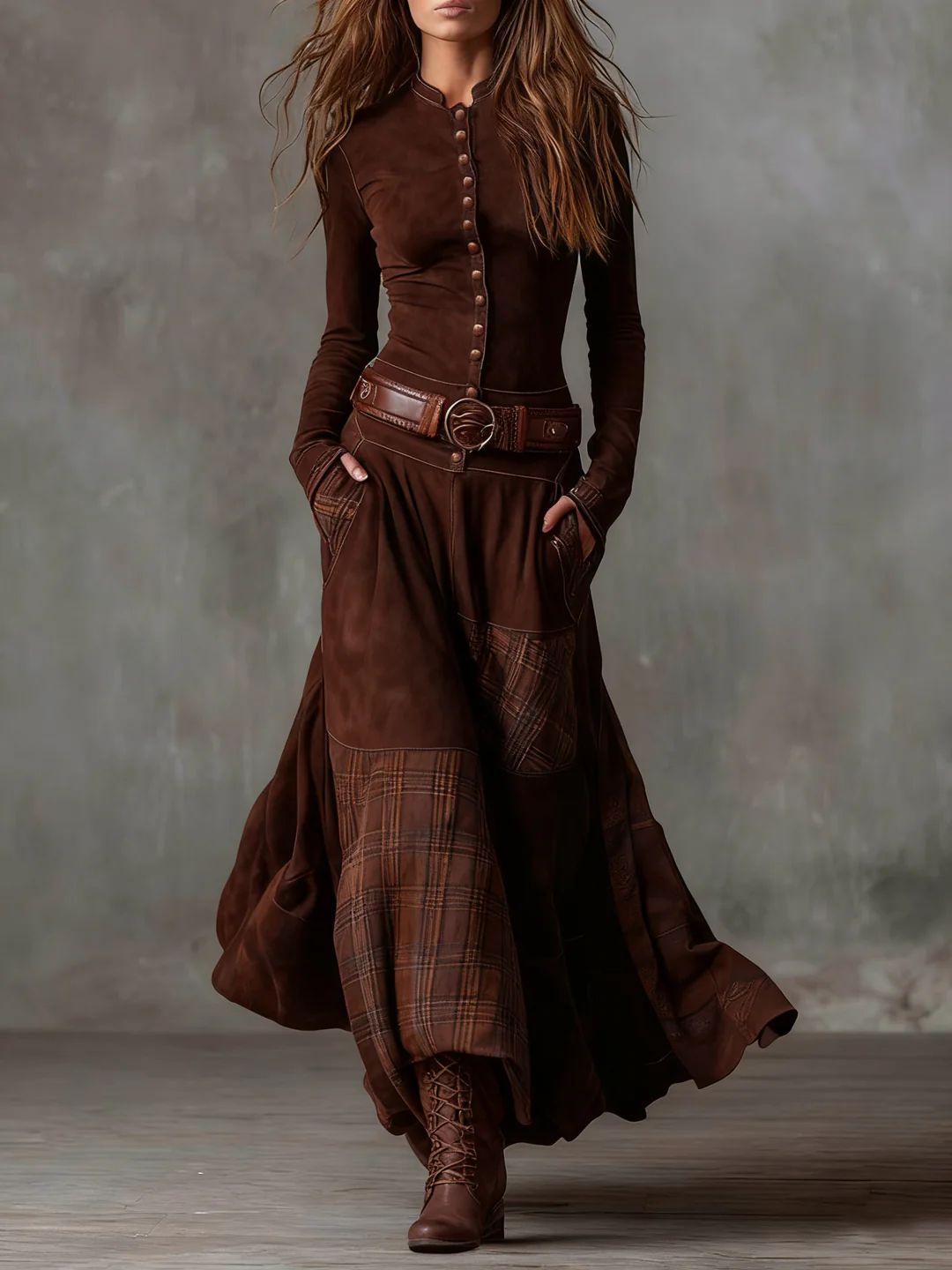 Scarlett | Vintage Long Dress in Navy Blue Suede Check (Includes Belt)
