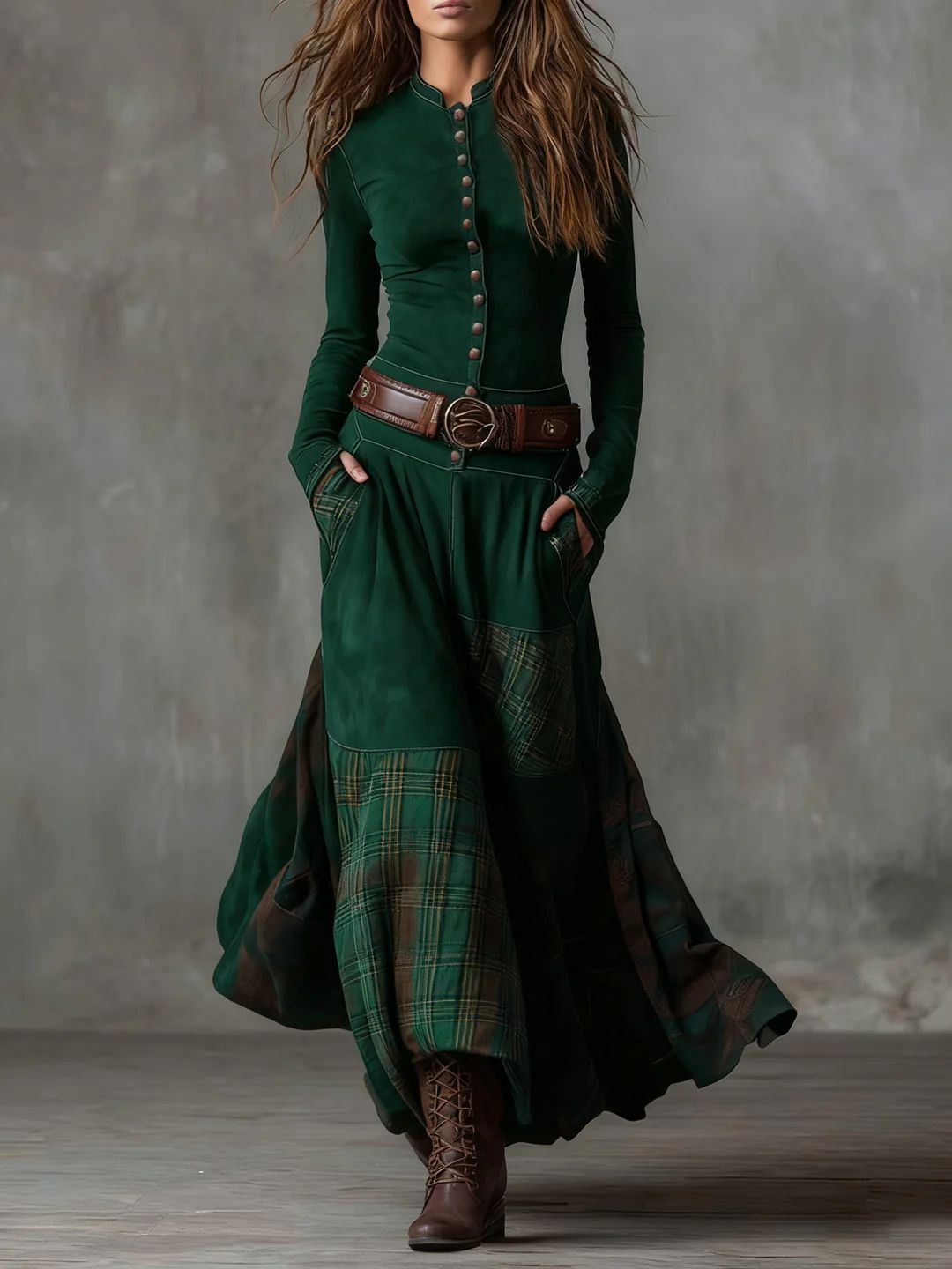 Scarlett | Vintage Long Dress in Navy Blue Suede Check (Includes Belt)